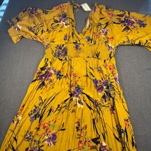 ODDI Mustard Yellow Floral Print Smocked Waist Maxi Dress Flowy Boho‎ Festival L